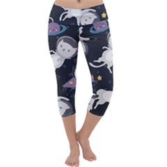 Space Cat Illustration Pattern Astronaut Capri Yoga Leggings by Wav3s