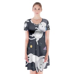 Space Cat Illustration Pattern Astronaut Short Sleeve V-neck Flare Dress by Wav3s