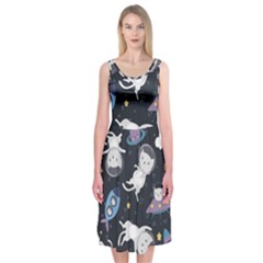 Space Cat Illustration Pattern Astronaut Midi Sleeveless Dress by Wav3s