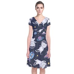 Space Cat Illustration Pattern Astronaut Short Sleeve Front Wrap Dress by Wav3s