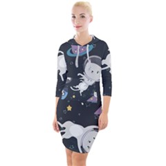 Space Cat Illustration Pattern Astronaut Quarter Sleeve Hood Bodycon Dress by Wav3s