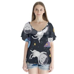 Space Cat Illustration Pattern Astronaut V-neck Flutter Sleeve Top