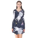 Space Cat Illustration Pattern Astronaut Long Sleeve V-neck Flare Dress View1