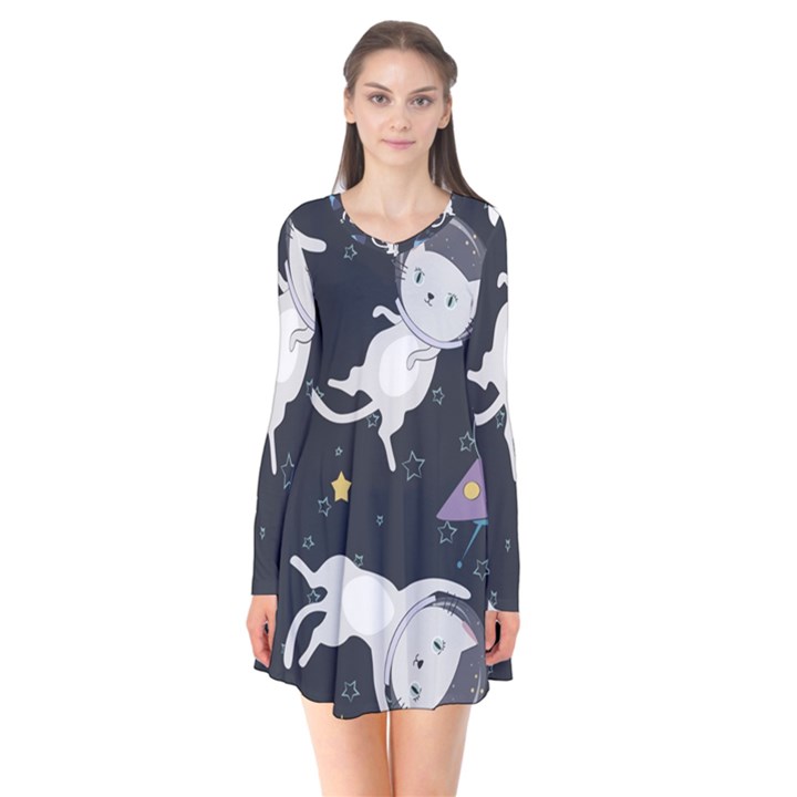 Space Cat Illustration Pattern Astronaut Long Sleeve V-neck Flare Dress