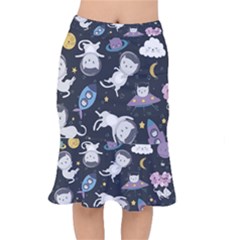 Space Cat Illustration Pattern Astronaut Short Mermaid Skirt by Wav3s