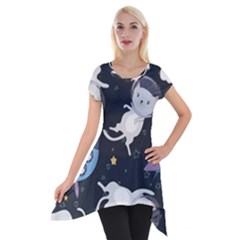 Space Cat Illustration Pattern Astronaut Short Sleeve Side Drop Tunic