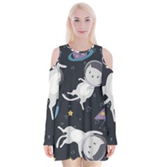 Space Cat Illustration Pattern Astronaut Velvet Long Sleeve Shoulder Cutout Dress by Wav3s