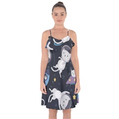 Space Cat Illustration Pattern Astronaut Ruffle Detail Chiffon Dress by Wav3s