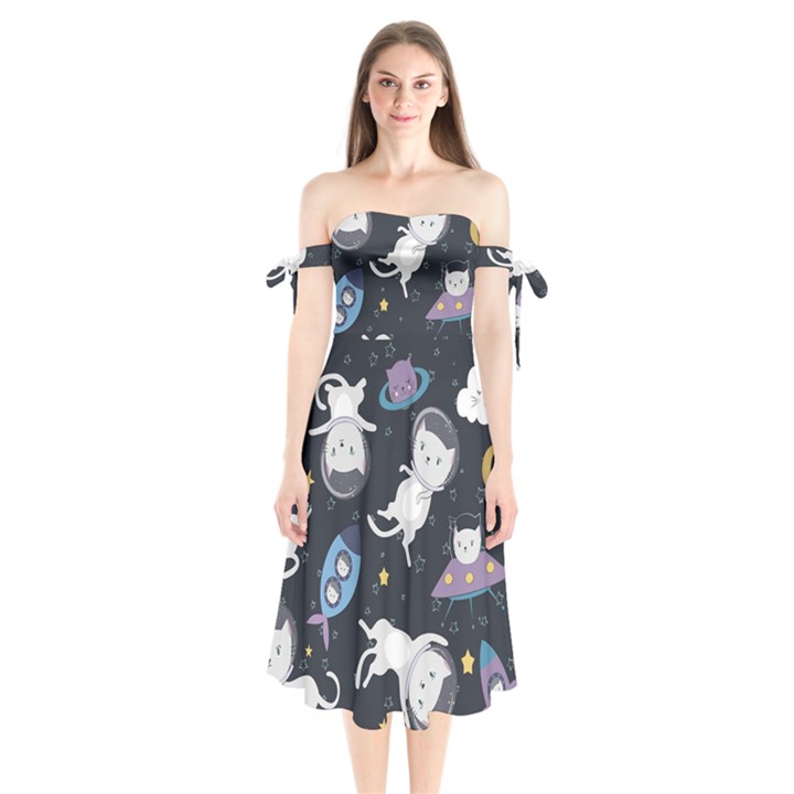 Space Cat Illustration Pattern Astronaut Shoulder Tie Bardot Midi Dress