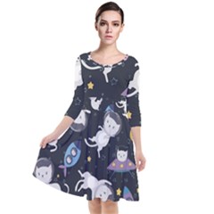 Space Cat Illustration Pattern Astronaut Quarter Sleeve Waist Band Dress by Wav3s