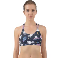 Space Cat Illustration Pattern Astronaut Back Web Sports Bra by Wav3s