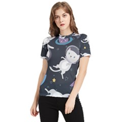 Space Cat Illustration Pattern Astronaut Women s Short Sleeve Rash Guard by Wav3s