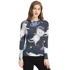 Space Cat Illustration Pattern Astronaut Women s Long Sleeve Rash Guard by Wav3s