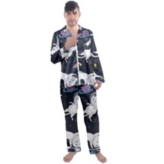 Space Cat Illustration Pattern Astronaut Men s Long Sleeve Satin Pajamas Set by Wav3s