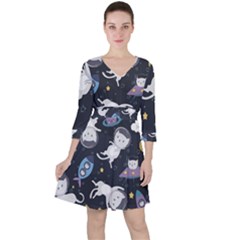 Space Cat Illustration Pattern Astronaut Quarter Sleeve Ruffle Waist Dress by Wav3s