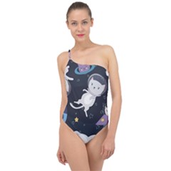 Space Cat Illustration Pattern Astronaut Classic One Shoulder Swimsuit by Wav3s