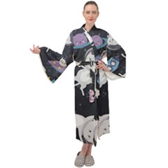 Space Cat Illustration Pattern Astronaut Maxi Velvet Kimono by Wav3s