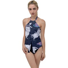 Space Cat Illustration Pattern Astronaut Go With The Flow One Piece Swimsuit by Wav3s