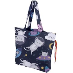 Space Cat Illustration Pattern Astronaut Drawstring Tote Bag by Wav3s