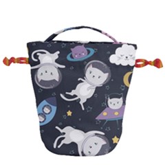 Space Cat Illustration Pattern Astronaut Drawstring Bucket Bag by Wav3s