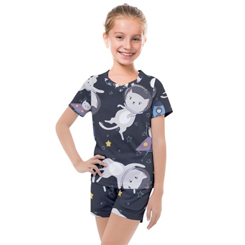 Space Cat Illustration Pattern Astronaut Kids  Mesh Tee And Shorts Set by Wav3s