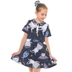 Space Cat Illustration Pattern Astronaut Kids  Short Sleeve Shirt Dress by Wav3s