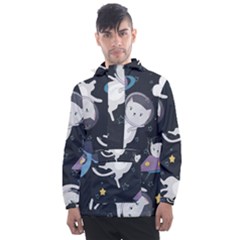 Space Cat Illustration Pattern Astronaut Men s Front Pocket Pullover Windbreaker