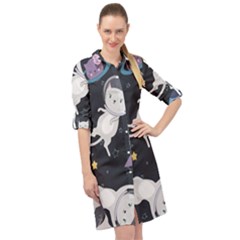 Space Cat Illustration Pattern Astronaut Long Sleeve Mini Shirt Dress by Wav3s