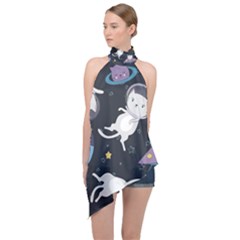 Space Cat Illustration Pattern Astronaut Halter Asymmetric Satin Top by Wav3s