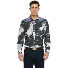 Space Cat Illustration Pattern Astronaut Men s Long Sleeve Pocket Shirt  by Wav3s