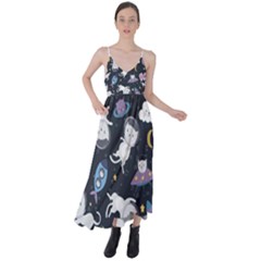 Space Cat Illustration Pattern Astronaut Tie Back Maxi Dress by Wav3s