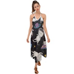 Space Cat Illustration Pattern Astronaut Halter Tie Back Dress  by Wav3s