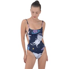 Space Cat Illustration Pattern Astronaut Tie Strap One Piece Swimsuit