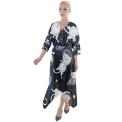 Space Cat Illustration Pattern Astronaut Quarter Sleeve Wrap Front Maxi Dress by Wav3s