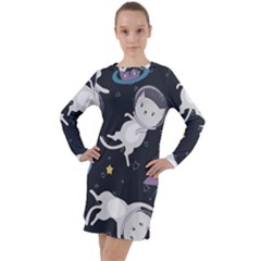 Space Cat Illustration Pattern Astronaut Long Sleeve Hoodie Dress by Wav3s