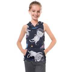 Space Cat Illustration Pattern Astronaut Kids  Sleeveless Hoodie by Wav3s