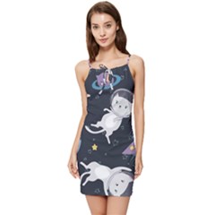 Space Cat Illustration Pattern Astronaut Summer Tie Front Dress by Wav3s