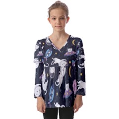 Space Cat Illustration Pattern Astronaut Kids  V Neck Casual Top