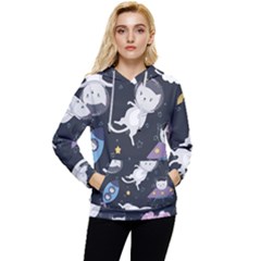 Space Cat Illustration Pattern Astronaut Women s Lightweight Drawstring Hoodie by Wav3s