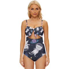 Space Cat Illustration Pattern Astronaut Knot Front One-piece Swimsuit by Wav3s