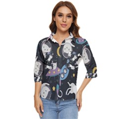 Space Cat Illustration Pattern Astronaut Women s Quarter Sleeve Pocket Shirt