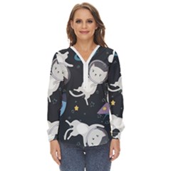 Space Cat Illustration Pattern Astronaut Zip Up Long Sleeve Blouse