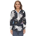 Space Cat Illustration Pattern Astronaut Zip Up Long Sleeve Blouse View1