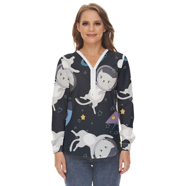 Space Cat Illustration Pattern Astronaut Zip Up Long Sleeve Blouse