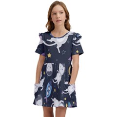 Space Cat Illustration Pattern Astronaut Kids  Frilly Sleeves Pocket Dress by Wav3s