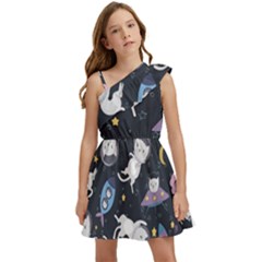 Space Cat Illustration Pattern Astronaut Kids  One Shoulder Party Dress by Wav3s