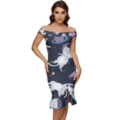 Space Cat Illustration Pattern Astronaut Off Shoulder Ruffle Split Hem Bodycon Dress by Wav3s