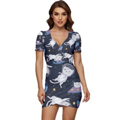 Space Cat Illustration Pattern Astronaut Low Cut Cap Sleeve Mini Dress by Wav3s