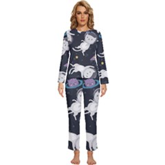 Space Cat Illustration Pattern Astronaut Womens  Long Sleeve Lightweight Pajamas Set by Wav3s