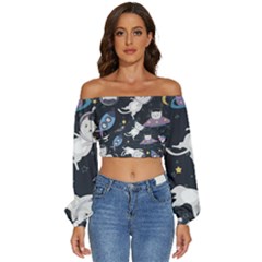 Space Cat Illustration Pattern Astronaut Long Sleeve Crinkled Weave Crop Top by Wav3s